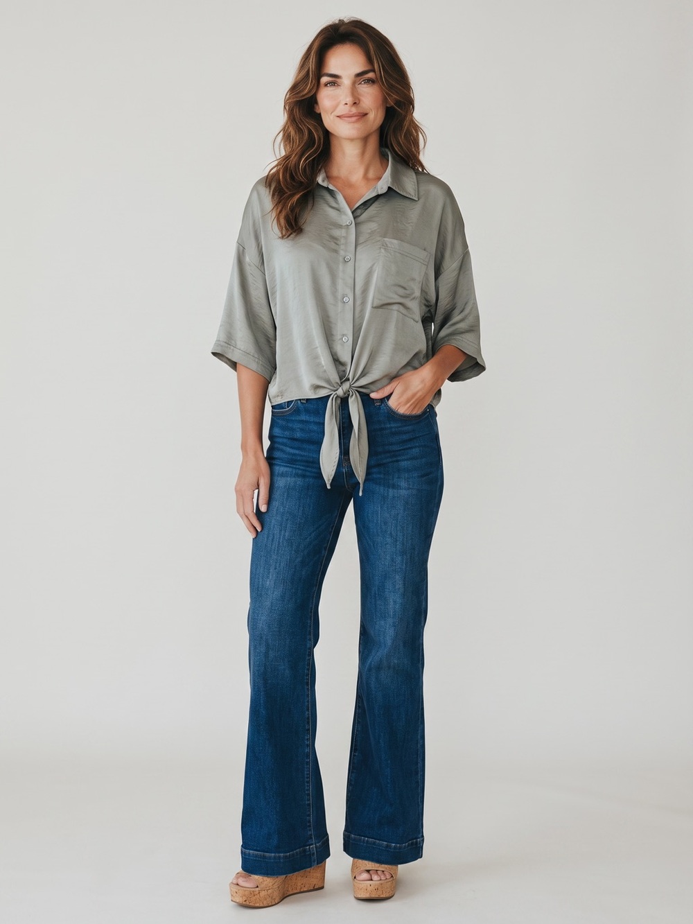 SO Sage Green Tie-Front Blouse